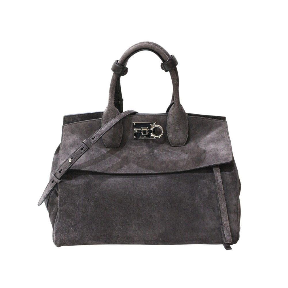 Salvatore Ferragamo Gancini Studio Bag Suede Gray Handbag Shoulder